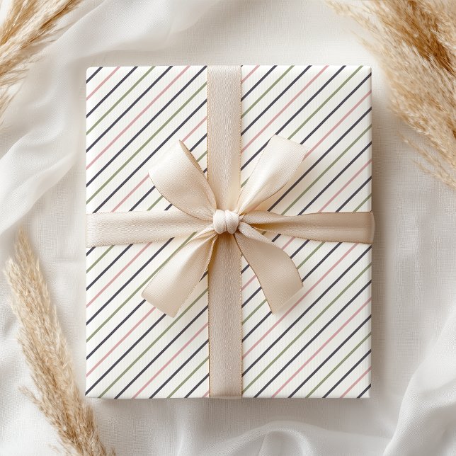 Boho Pastel Modern Pink Green Grey Stripes Wrapping Paper (Creator Uploaded)