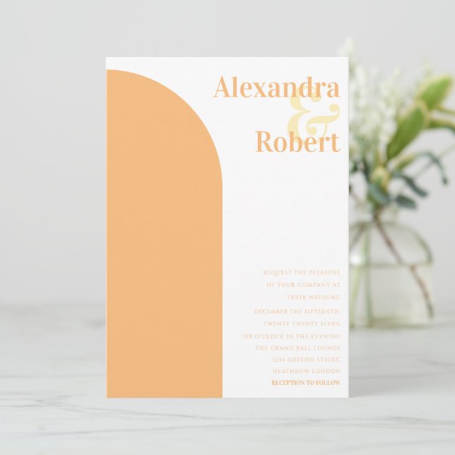 Boho Pastel Orange Yellow Minimalist Arch Modern Invitation (Standing Front)