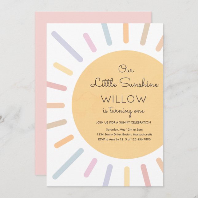 Boho Pastel Our Little Sunshine Birthday Party Invitation (Front/Back)