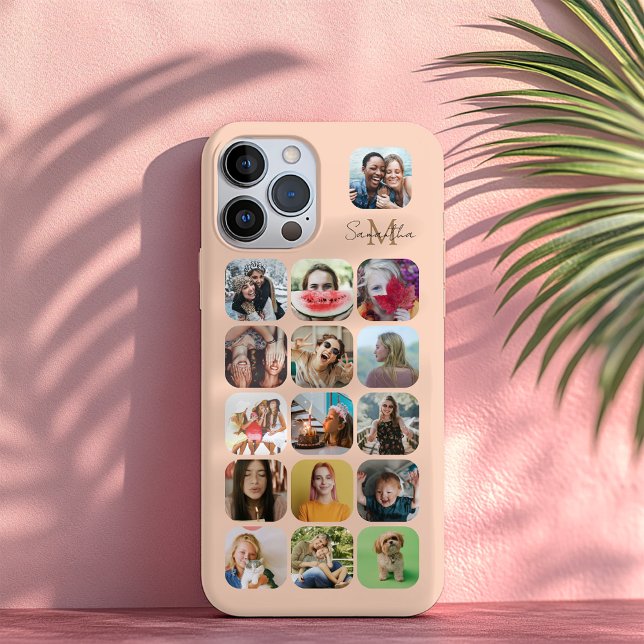 Boho Pastel Peace 16 Photo Collage & Monogram iPhone Case (Creator Uploaded)