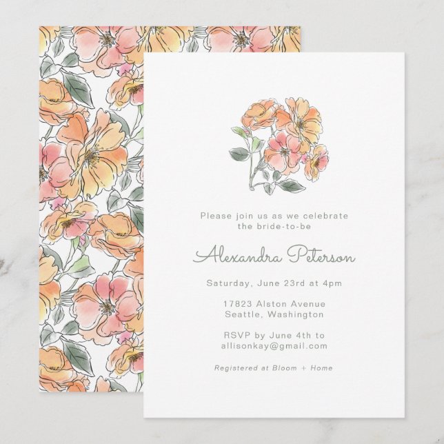 Boho Pastel Peach Watercolor Floral Bridal Shower Invitation (Front/Back)