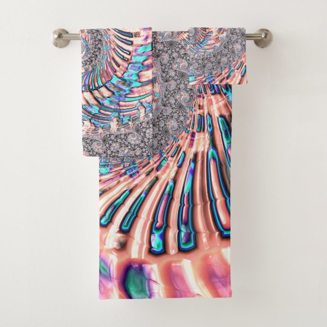 Boho Pastel Pink and Blue Spiral Abstract Fractal Bath Towel Set (Insitu)