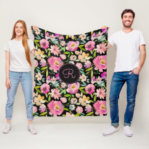Boho Pastel Pink Green Floral Watercolor Botanical Fleece Blanket