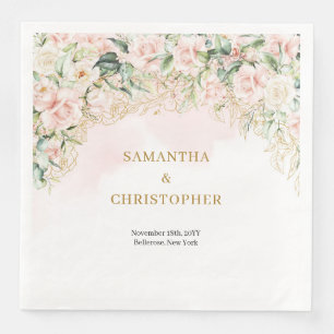 Boho pastel pink roses eucalyptus gold wedding napkin