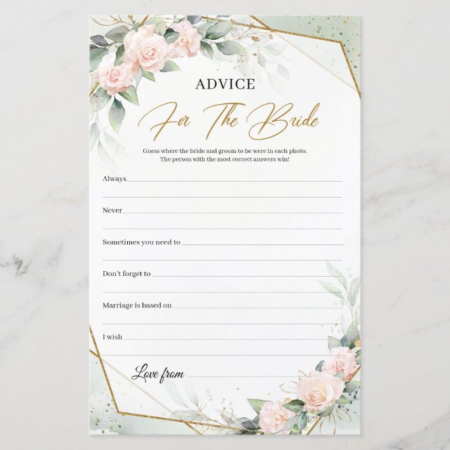 Boho pastel pink roses gold Advice For The Bride (Front)
