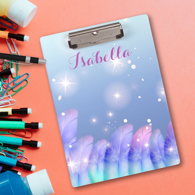 Boho Pastel Purple Pink Feathers Sparkles And Name Clipboard (Creator Uploaded)
