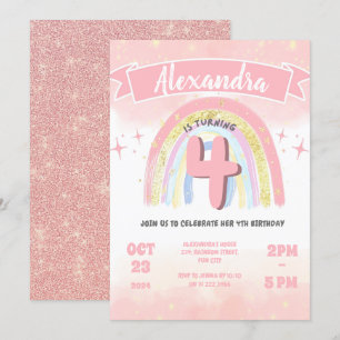 Boho Pastel Rainbow 4th Four Birthday Girl Glitter Invitation
