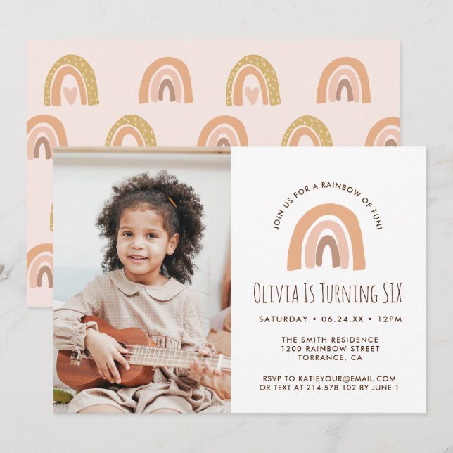 Boho Pastel Rainbow 6th Birthday Photo Invitation (Front/Back)