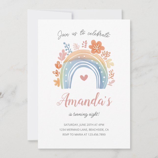 Boho Pastel Rainbow Girl's Birthday Party Invitation (Front)