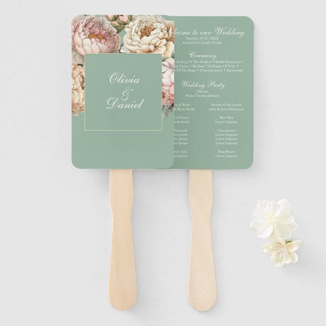 Boho Pastel Sage & Blush Peonies Wedding Program Hand Fan (Front and Back)