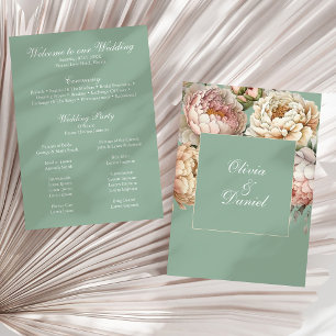Boho Pastel Sage & Blush Peonies Wedding Program Programme