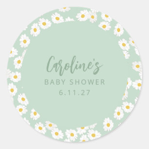 Boho Pastel Sage Daisies Floral Custom Baby Shower Classic Round Sticker