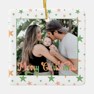 BOHO Pastel Star Pattern One Photo Merry Christmas Ceramic Ornament