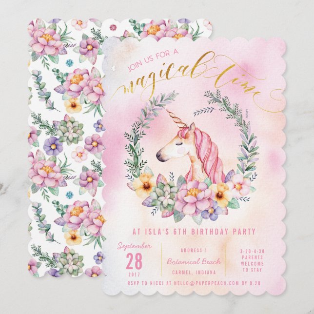 Boho Pastel Unicorn Birthday Party Invitation (Front/Back)