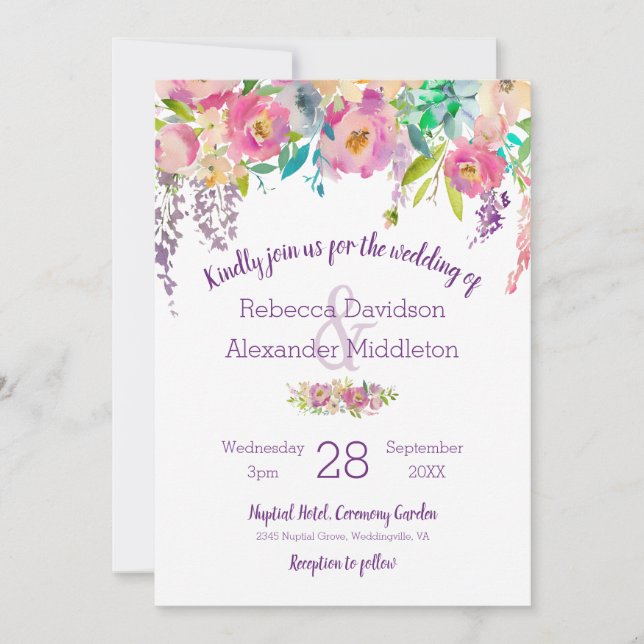 Boho Pastel Watercolor Floral Wedding Invitation (Front)