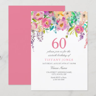 Boho Pastel Watercolor Flowers 60th Birthday Party Invitation