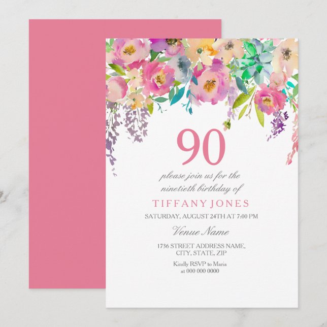Boho Pastel Watercolor Flowers 90th Birthday Party Invitation (Front/Back)
