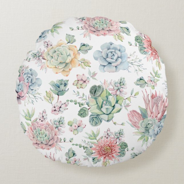 Boho Pastel Watercolor Succulents Floral Pattern Round Cushion (Front)