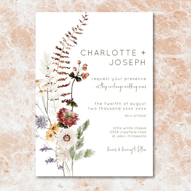 Boho Pastel Wildflowers Modern Floral Wedding Invitation (Boho Terracotta Peach & Cream Floral Green Wedding Invitation)