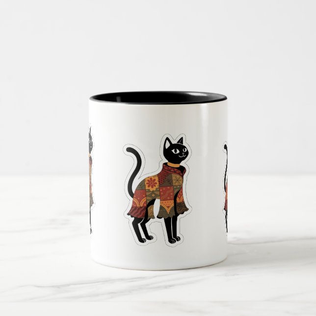 Boho Patchwork Black Cat Coffee Mug (Center)