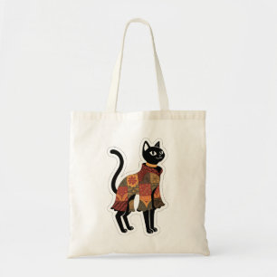 Boho Patchwork Black Cat Folk Art Tote Bag