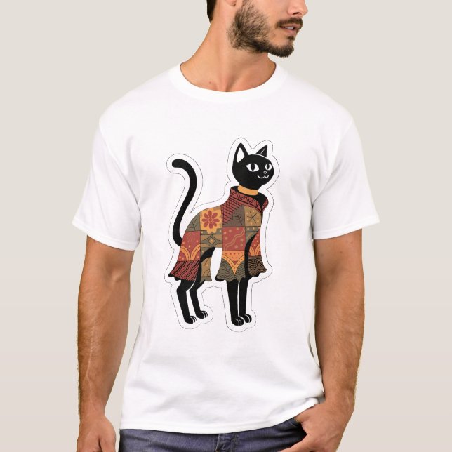 Boho Patchwork Black Cat Graphic Tee (Front)