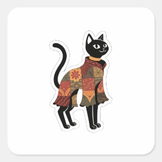 Boho Patchwork Cat Folk Art Sticker