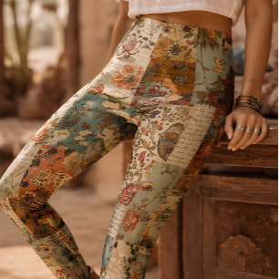 Boho Patchwork Floral Vintage Collage Leggings