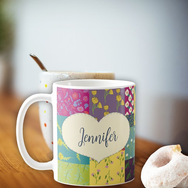 Boho Patchwork Quilt and Heart Shape Personalised Coffee Mug (Creator Uploaded)