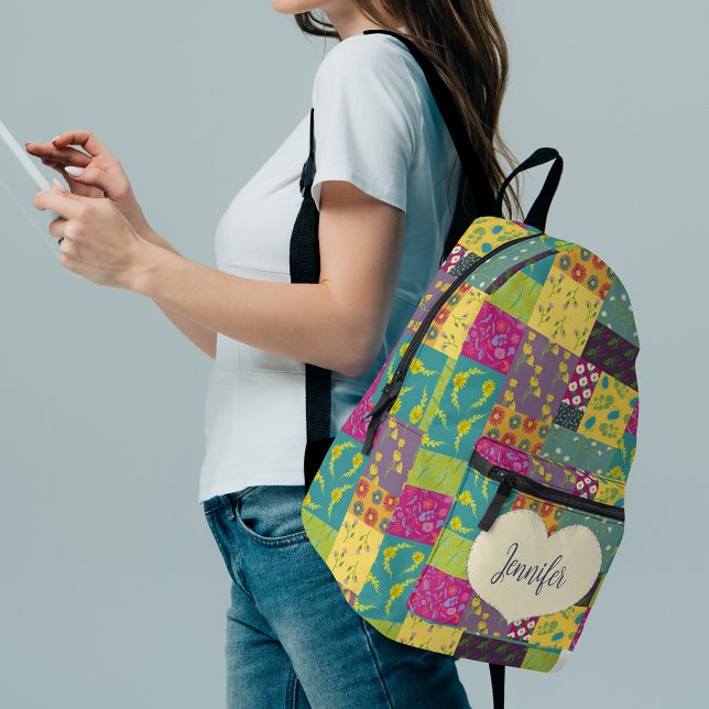 Boho Patchwork Quilt and Heart Shape Personalised Printed Backpack (Creator Uploaded)