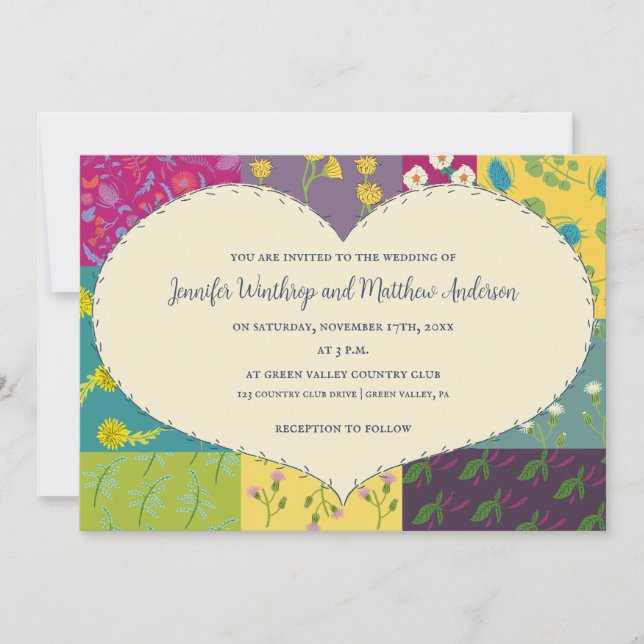 Boho Patchwork Quilt and Heart Shape Wedding Invitation (Front)