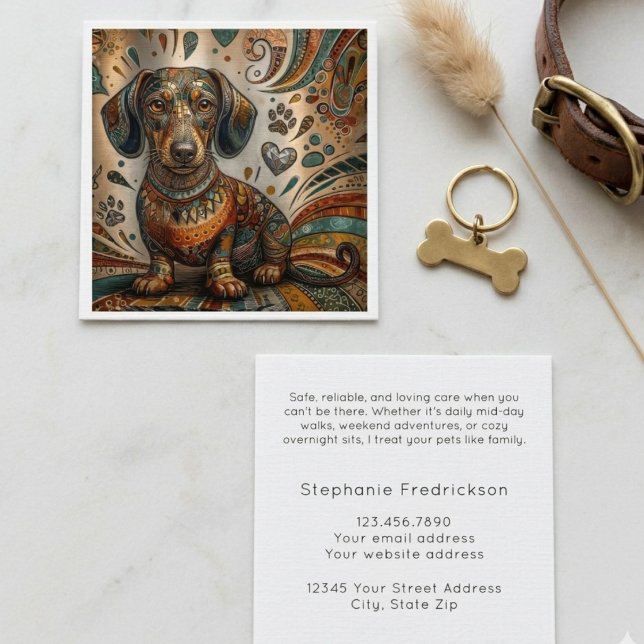 Boho Pattern Dachshund Dog Sitter Square Business Card (Dachshund business cards for a pet sitter, perfect for networking at a local community event.)
