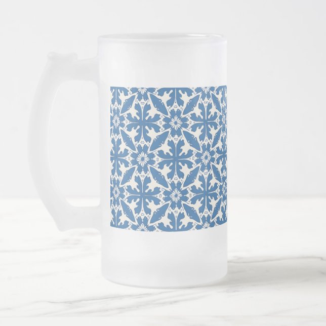 Boho Pattern in Blue – Elegant & Bold Frosted Glass Beer Mug (Left)
