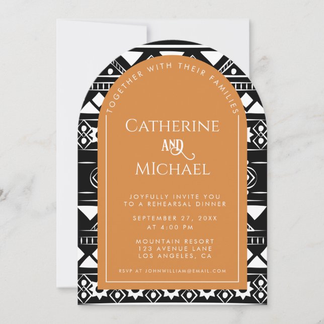 Boho Pattern Wedding Arch Orange Rehearsal Dinner Invitation (Front)