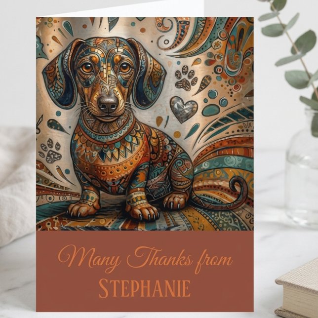 Boho Patterned Dachshund Dog Thank You Card (Boho patterned dachshund note card for a dog lover to send a warm thank you message.)