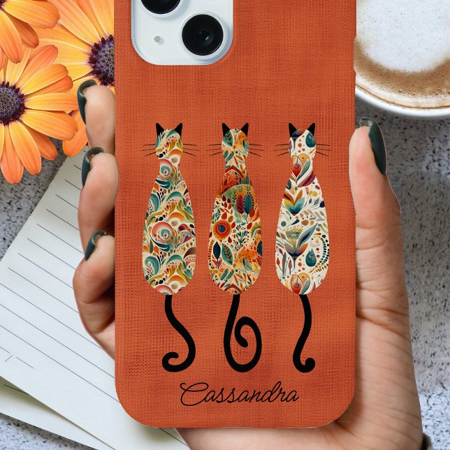Boho Patterned Three Cats iPhone 15 Case (Creator Uploaded)