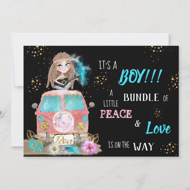 * Boho Peace & Love Hippie Car Bus Baby Boy  Invitation (Front)