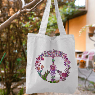 Boho Peace Sign Elegant Girly Cute Pretty Floral Tote Bag