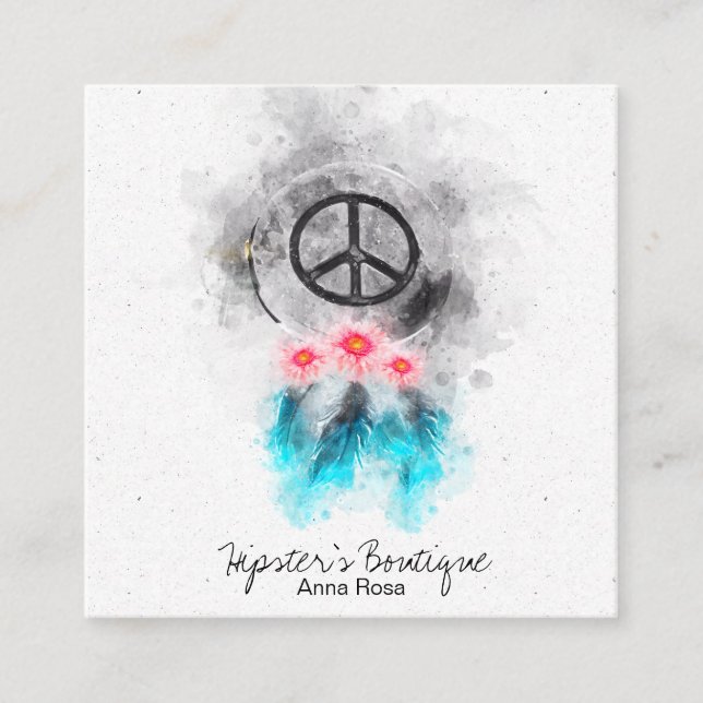 *~* Boho Peace Sign Flowers Feathers Grunge Tribal Square Business Card (Front)