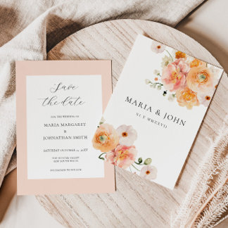 Boho Peach & Blush Floral Wedding Save the Date Invitation