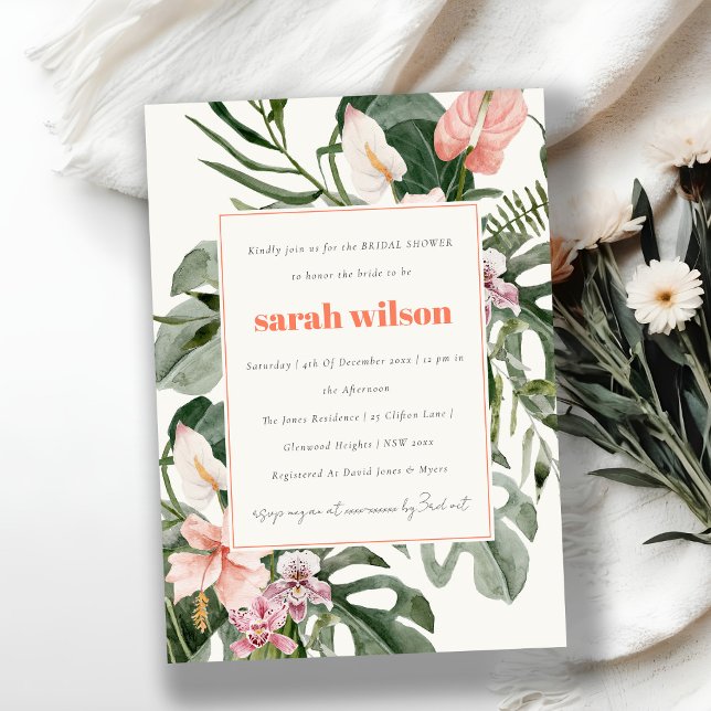 Boho Peach Blush Tropical Floral Bridal Shower Invitation (Creator Uploaded)