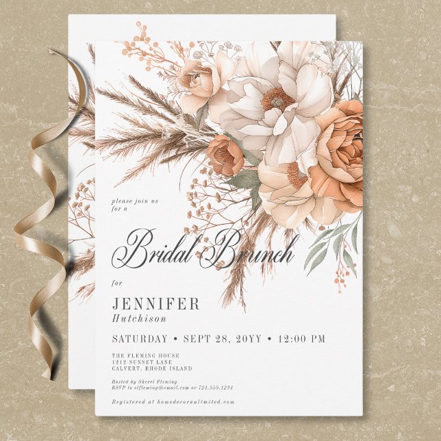 Boho Peach & Cream Floral White Bridal Brunch Invitation (Boho Peach & Cream Floral White Bridal Brunch Invitation)