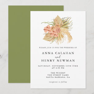 Boho Peach Dried Floral Palm Leaves Wedding  Invitation