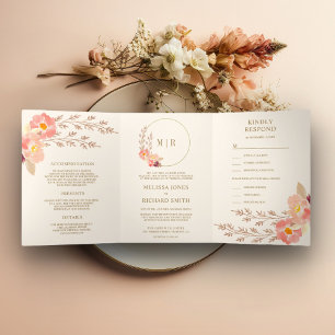 Boho Peach Floral All In One Ivory Wedding Tri-Fold Invitation