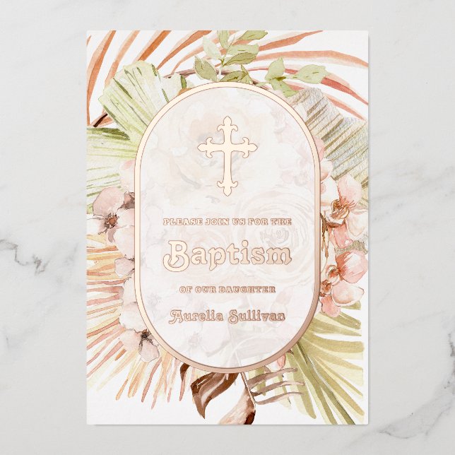 Boho Peach Floral Bouquet Baptism Foil Invitation (Front)