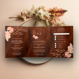 Boho Peach Floral Burnt Orange Terracotta Wedding Tri-Fold Invitation