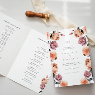 Boho Peach Floral Garden Wedding Folded Program Programme