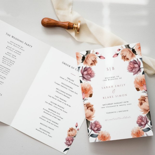 Boho Peach Floral Garden Wedding Folded Program Programme (Creator Uploaded)