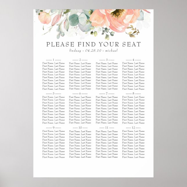 Boho Peach Floral Wedding Seating Chart (Front)
