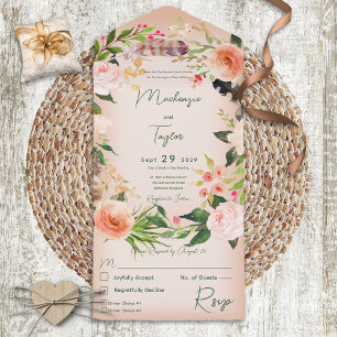 Boho Peach Floral Wreath & Feathers Dinner All In One Invitation